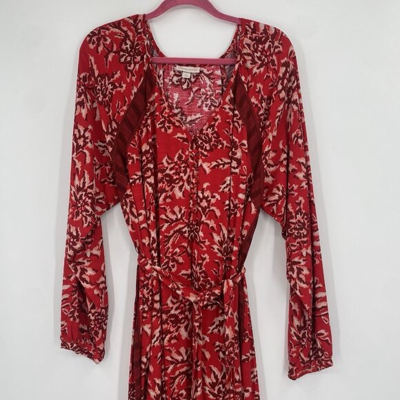 Knox Rose Size XL Red Floral Peasant Prairie Boho Maxi Dress V-Neck Belted - Picture 8 of 13